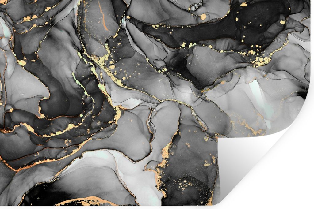 MuchoWow Wandtattoo Wandsticker Wandaufkleber Marmor - Schwarz - Gold - Grau 120x80 cm Selbstklebend und Repositionierbar - Selbstklebend - Fotot...