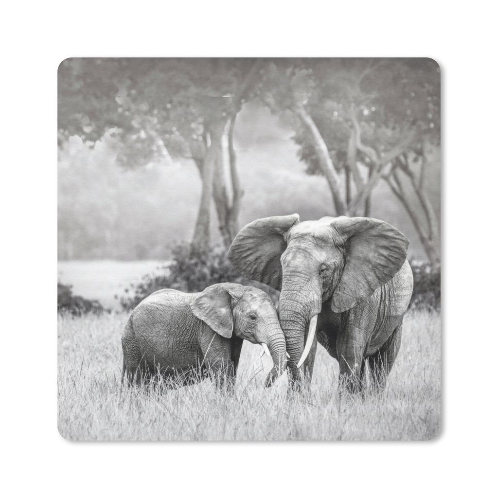 MuchoWow Mauspad Mousepad Elefant - Tiere - Natur - Schwarz und weiß 20x20 cm - Mousepads - Maus Mat - Pad - Mausunterlage - Desk Mat - Bureauar...