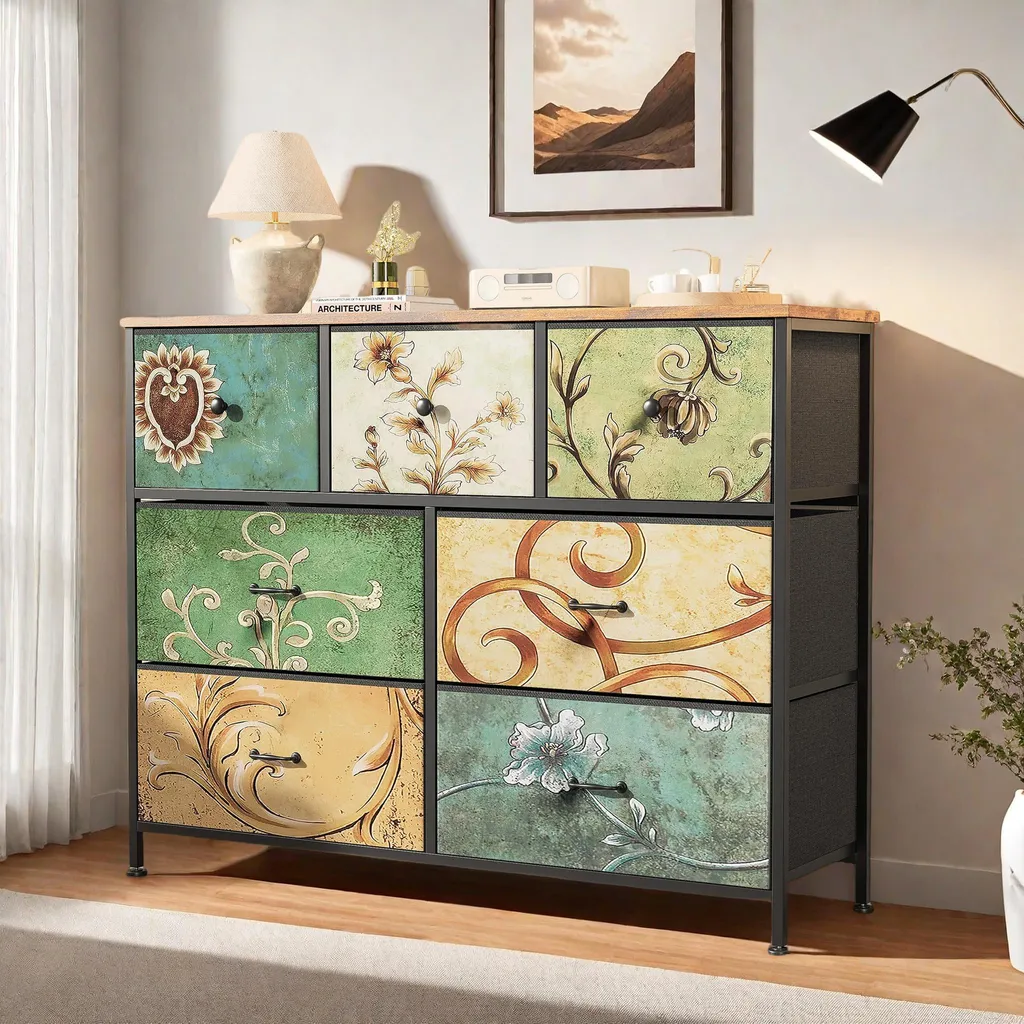Fortuna Lai Chest of Drawers: 7 Cassetti, Struttura Acciaio e Top Legno