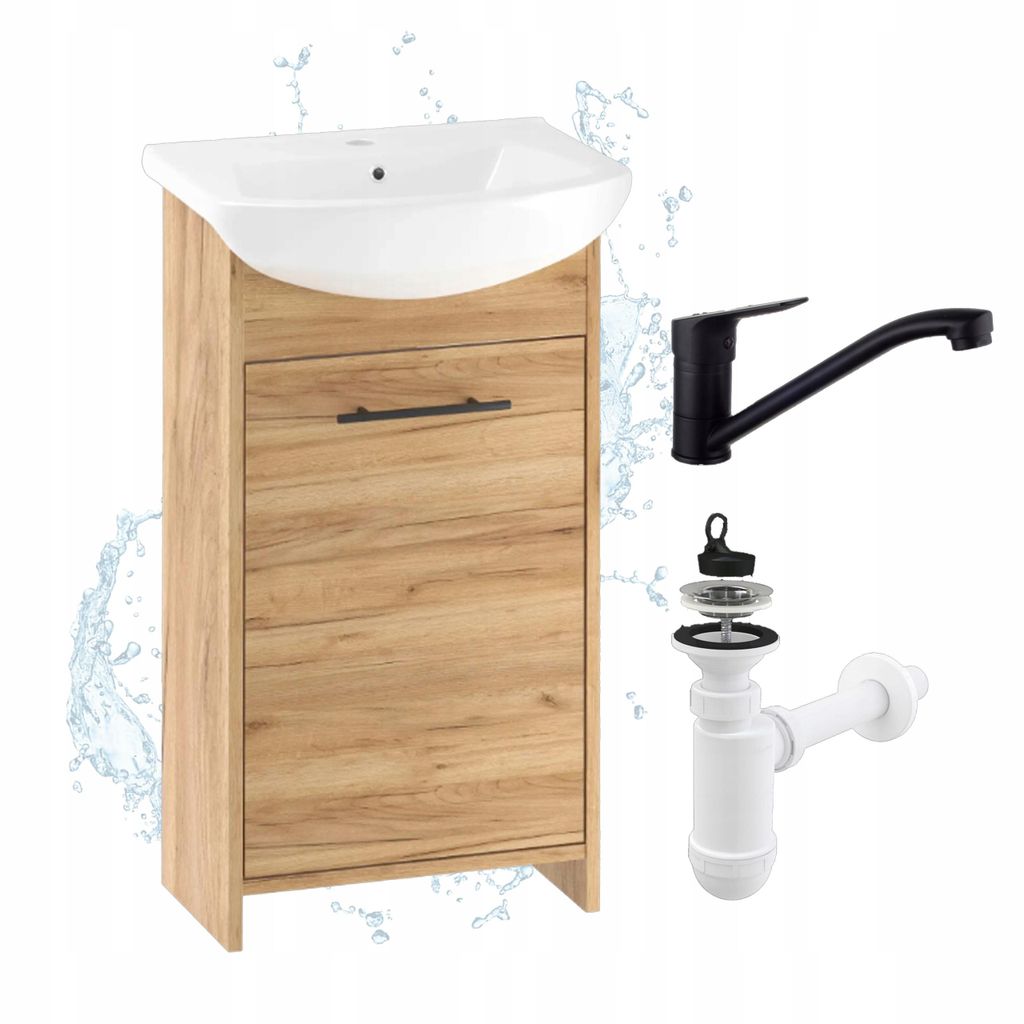 Stamar | Badezimmerschrank Freistehender, mit Waschbecken, Eiche Gold, 45 cm, mit schwarzem Wasserhahn und Siphon