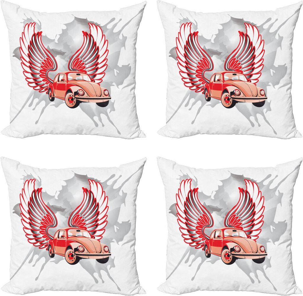 ABAKUHAUS Autos Kissenbezug Set (4 Stück), Oldtimer mit Flügeln, Moderner Doppelseitiger Digitaldruck, 45 cm x 45 cm, rot Grau