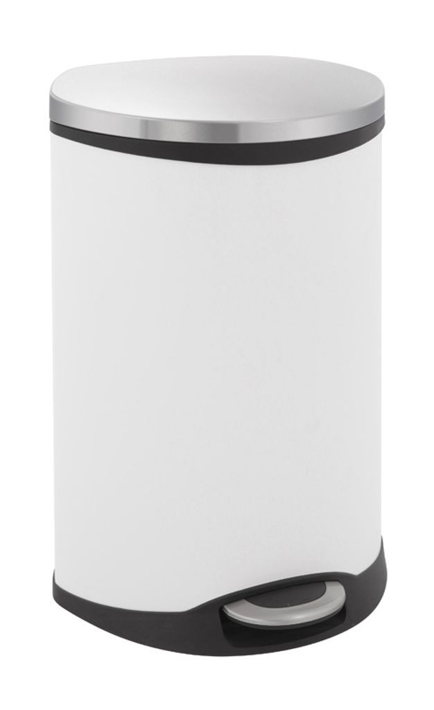 A white and silver pedal bin with a black base.
