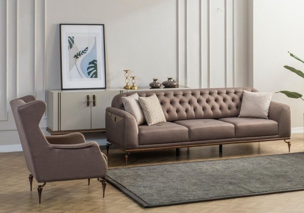 Beige Chesterfield Wohnzimmer Sofagarnitur 3+1 Sitzer Luxus Couch Neu
