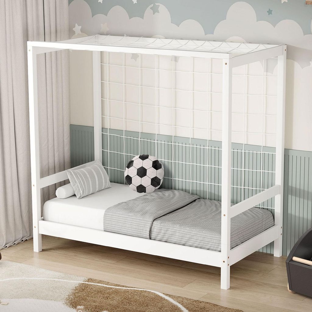 ML-Design Kinderbett Fußballtor, 70x140 cm, Weiß, Einzelbett für Kinder, Holzbett mit Lattenrost & Tornetz, Jugendbett aus Kiefernholz, Handballtor