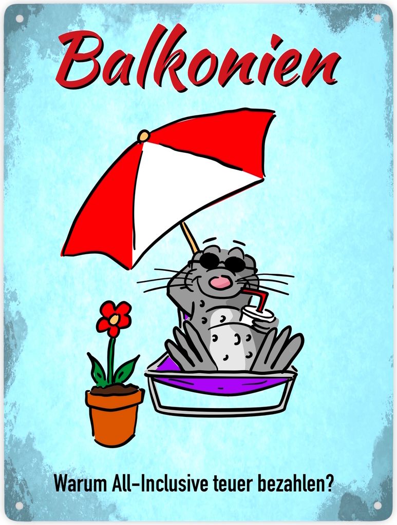 Balkonien Urlaub Metallschild XXL in 28x38 cm mit Seeleopard auf dem Balkon