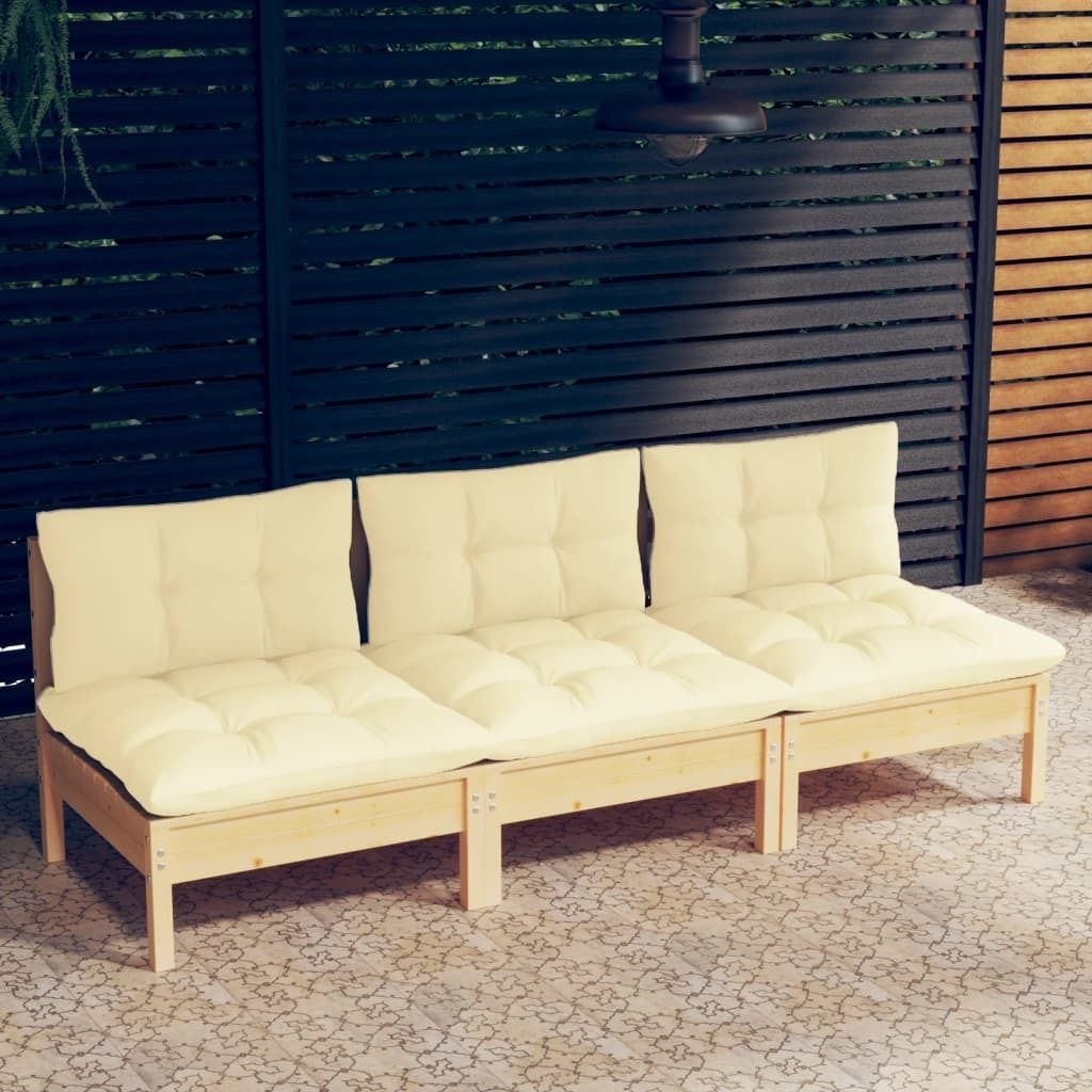 Maison Exclusive - 3-Sitzer-Gartensofa mit Creme Kissen Massivholz Kiefer