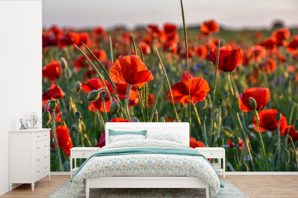 MuchoWow Fototapete für Wohnzimmer oder Schlafzimmer Wandtapete Vinyl Motivtapete Blumen - Mohnblumen - Natur - Rot - 450x300 cm - Gemusterte