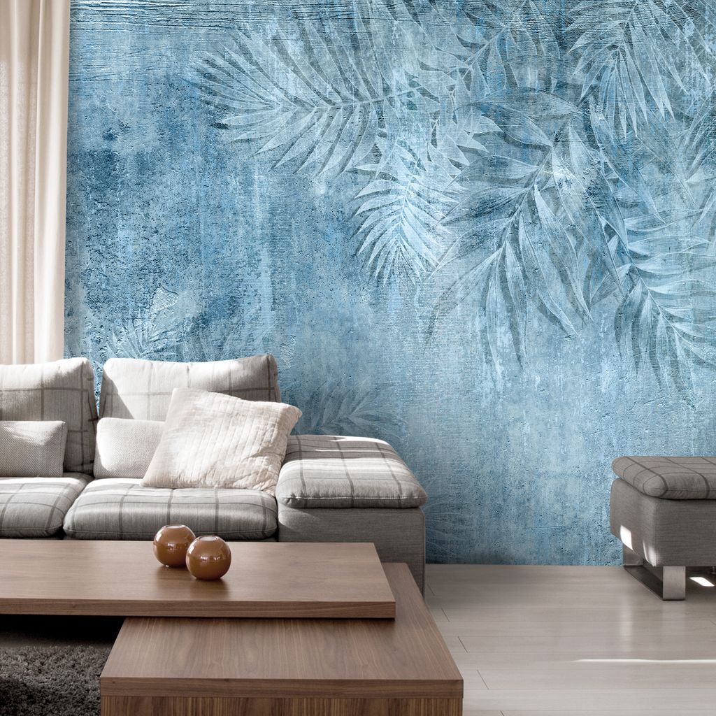 Vlies Fototapete Palmenblätter 400x280 cm Tapeten Wandtapete XXL Blätter Natur Pflanzenmotiv Betonoptik blau b-C-10145-a-c