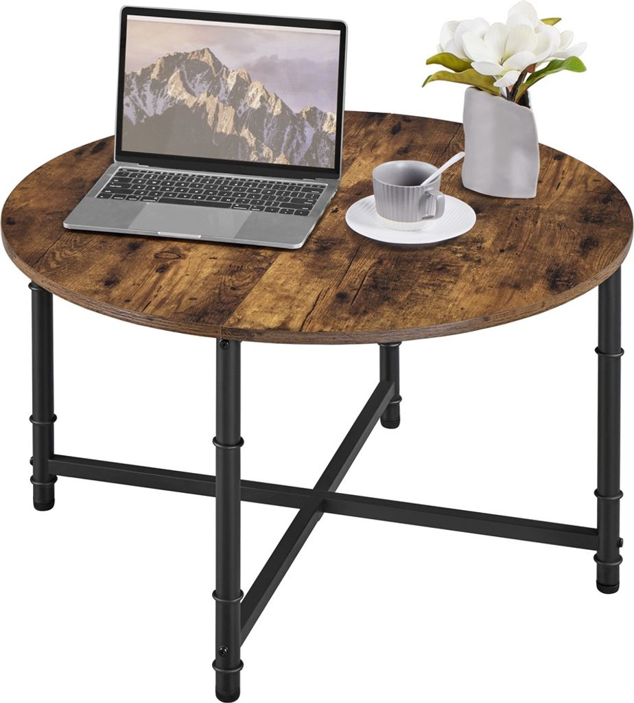 Yaheetech Runder Couchtisch Beistelltisch aus Holz, Industrie-Stil, Metallgestell, Braun