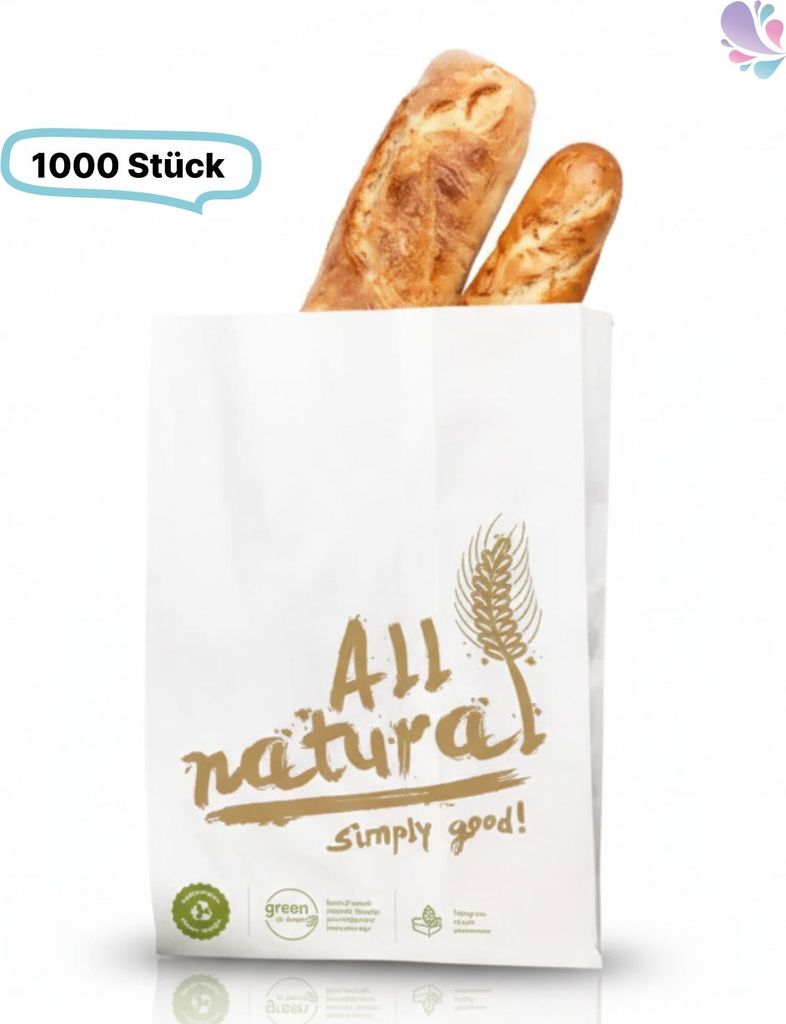 Bäckerfaltenbeutel, Papierbeutel, weiß, Aufdruck "All natural" 12 + 5 x 25 cm, 1000 Stück, umweltfreundlich und recyclbar
