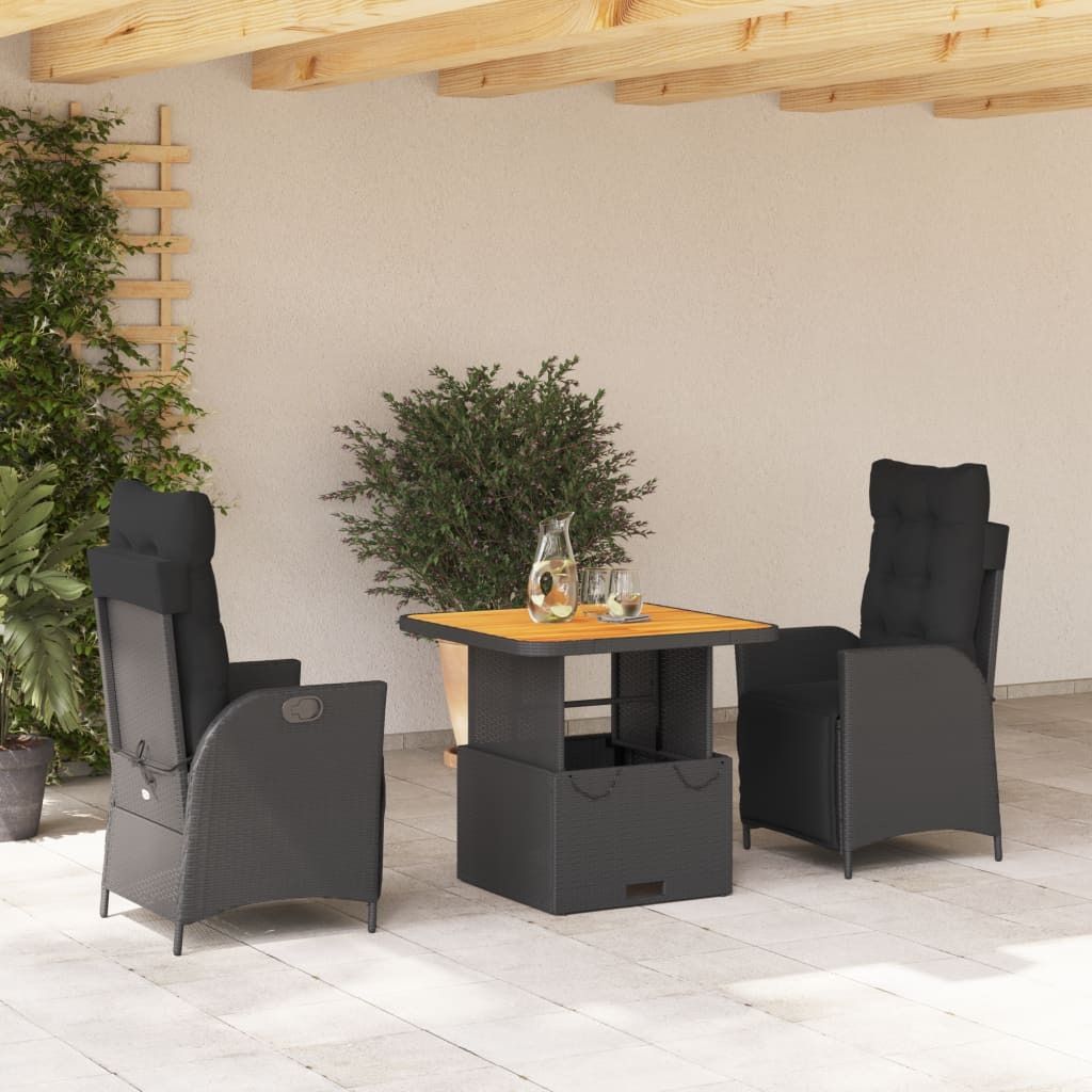 Möbel 3-tlg. Garten-Essgruppe mit Kissen Schwarz Poly Rattan - Gartenmöbelgarnituren 3277447