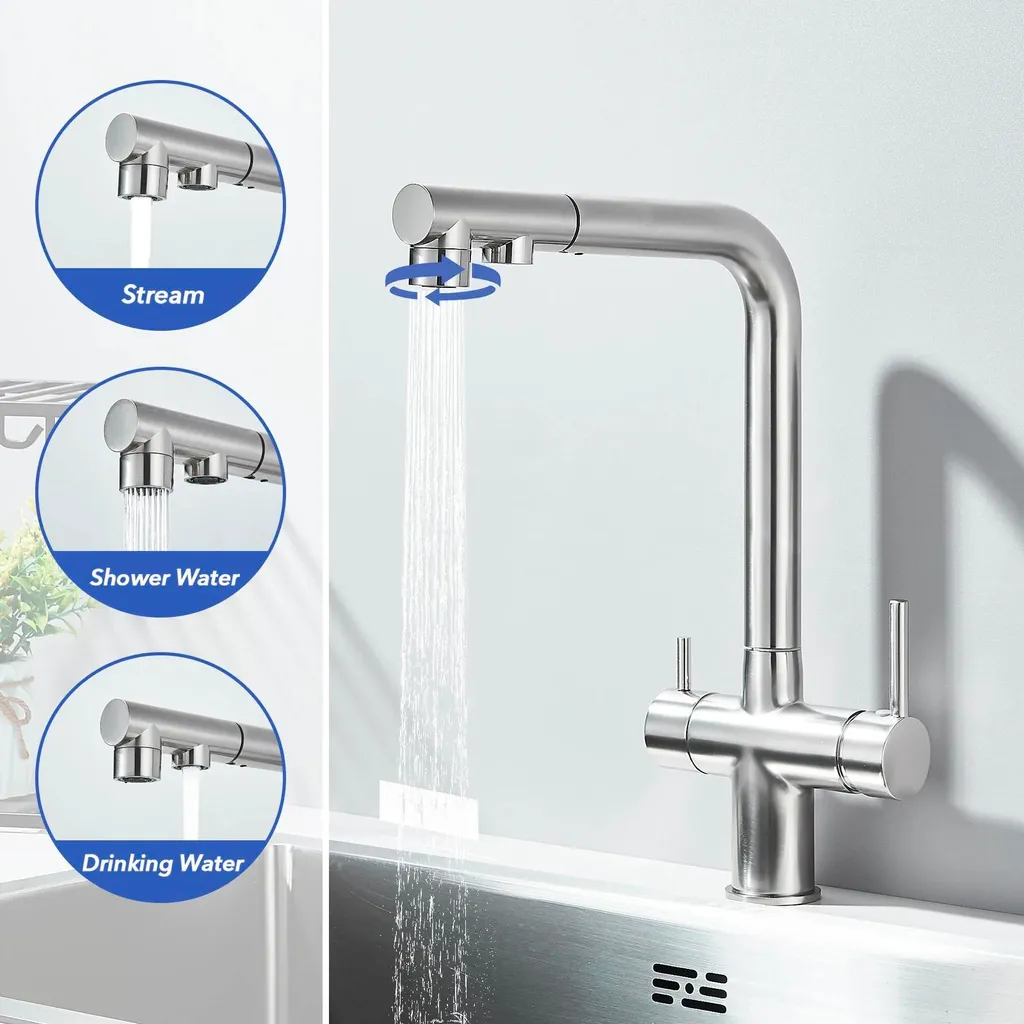 Robinet de cuisine nickel brossé anti-traces avec double commande pro - 2