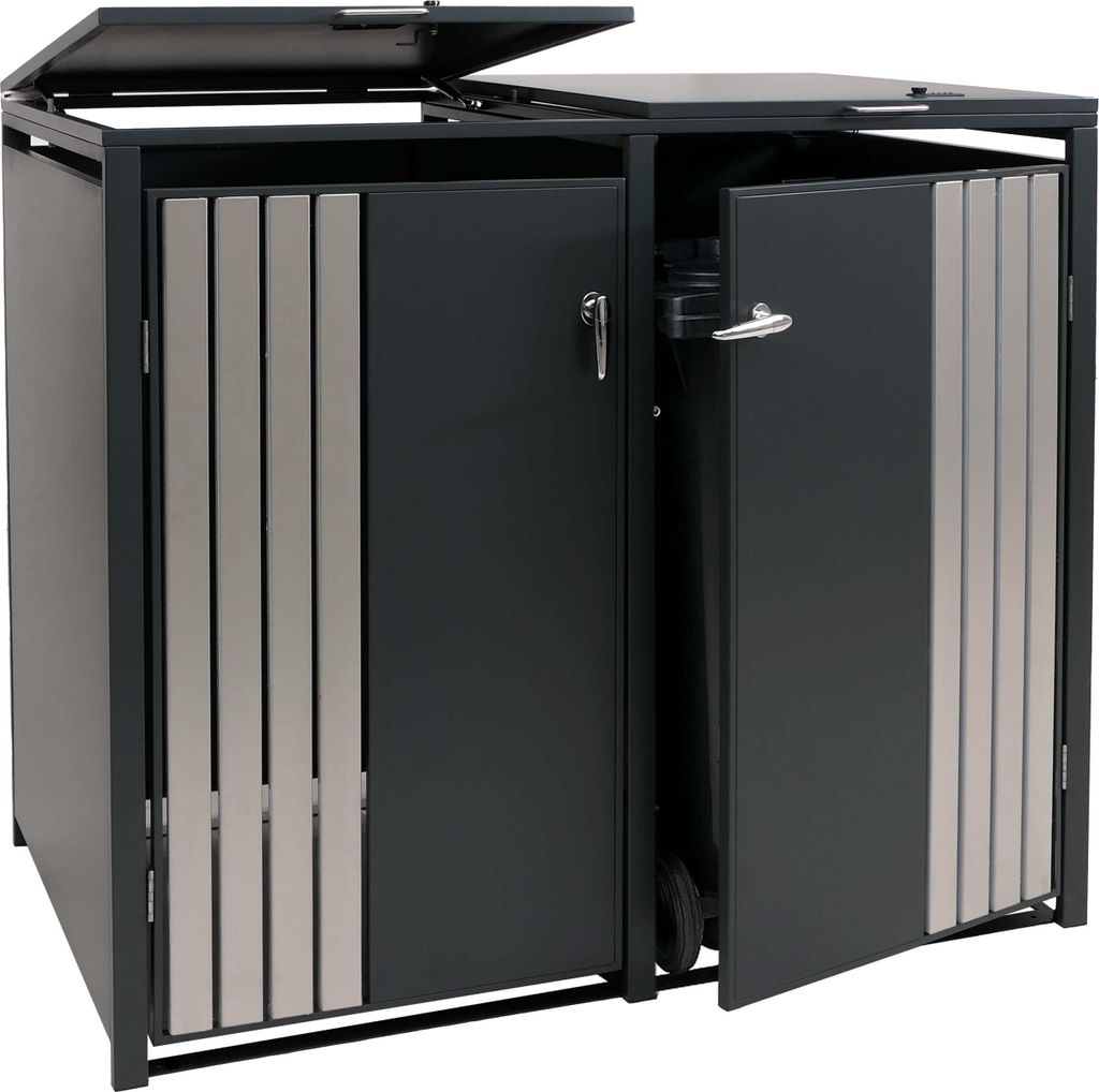 2er-Mülltonnenverkleidung HWC-O67, Mülltonnenbox mit Deckel, Metall 122x132x84cm 53kg anthrazit Edelstahl