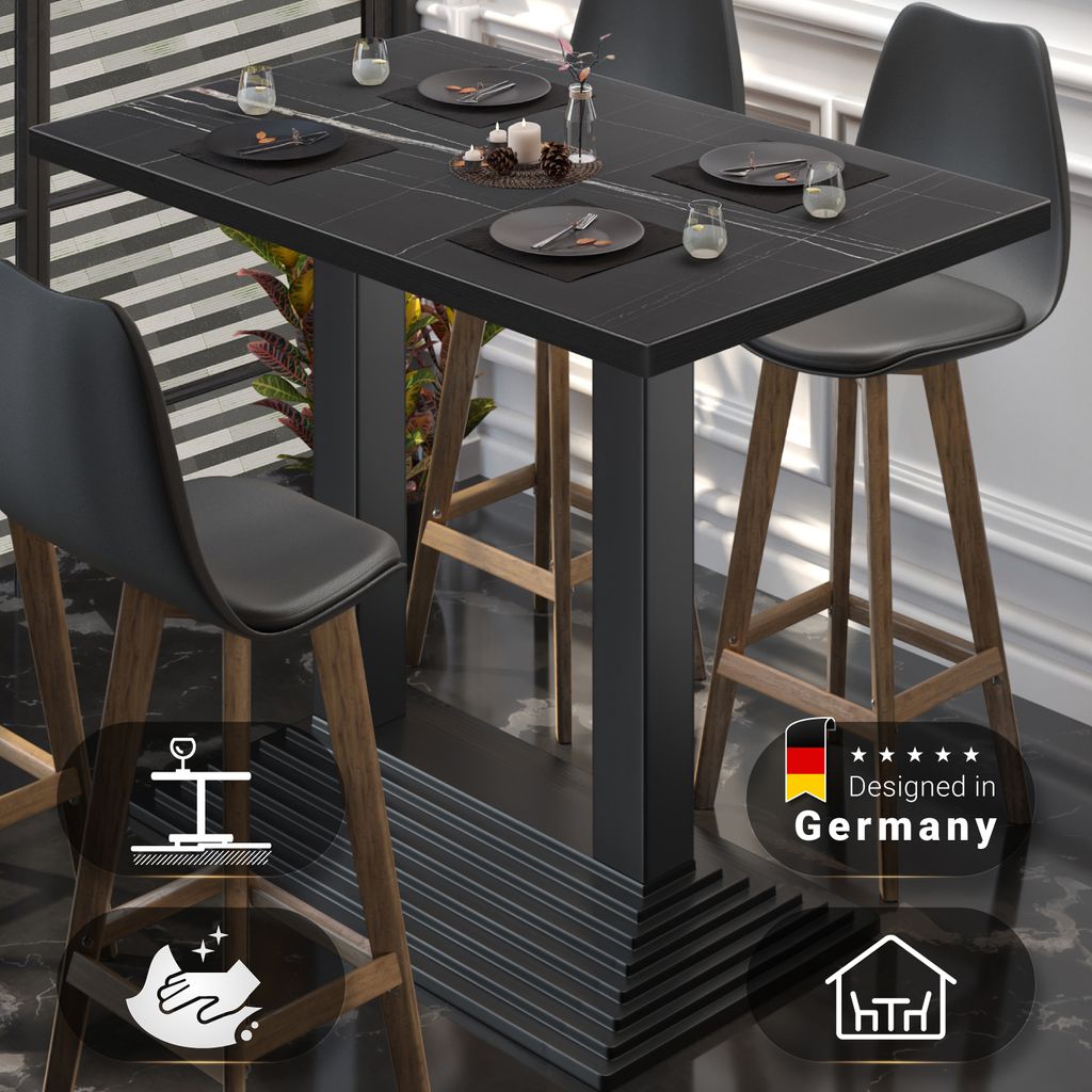 BPY | Bistro Stehtisch | 110 x 60 x 112 cm | Schwarzer Rand | Rechteckig | Schwarz Marmor / Schwarz | Gastro Steh Tisch Restaurant