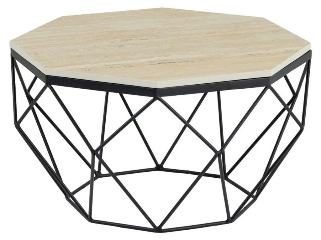 Couchtisch NEXORA 70 cm aus beigem Travertin und schwarzem Metall in geometrischem Design