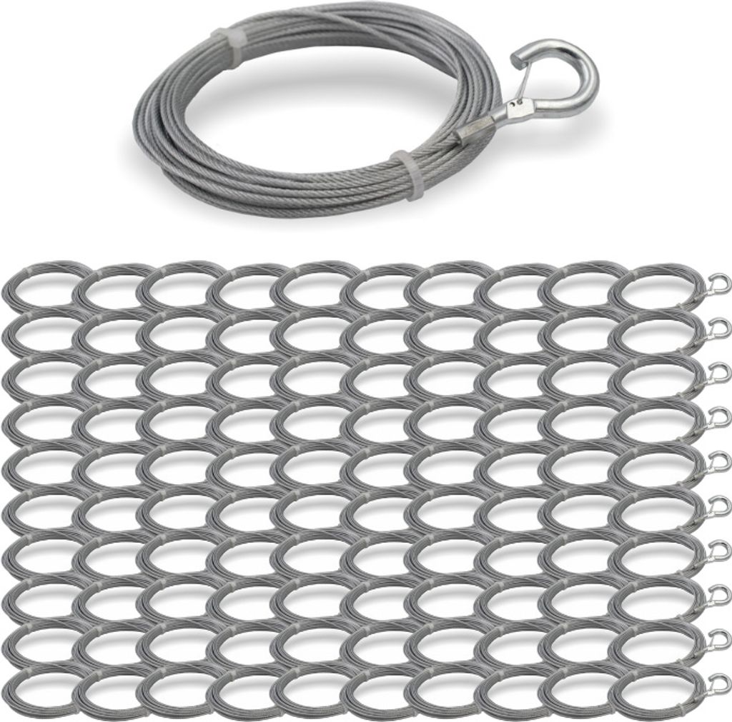 100x Drahtseil Ø 1,5 mm, 7x7, mit Haken mit Sicherheitsdrahtbügel , Stahl verzinkt | Länge 5000 mm