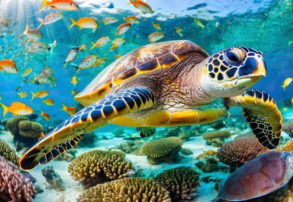 3 D Ansichtskarte Meeresschildkröte mit Fischen, Bild Postkarte Wackelkarte Hologrammkarte, Tier