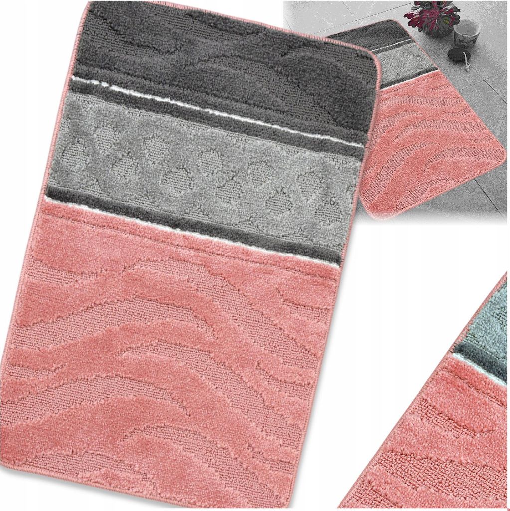 Badteppich Rosa - Badezimmer Teppich Rutschfest & Weich - Badteppich, Badvorleger - Badematten Rosa & Grau 50x80 cm