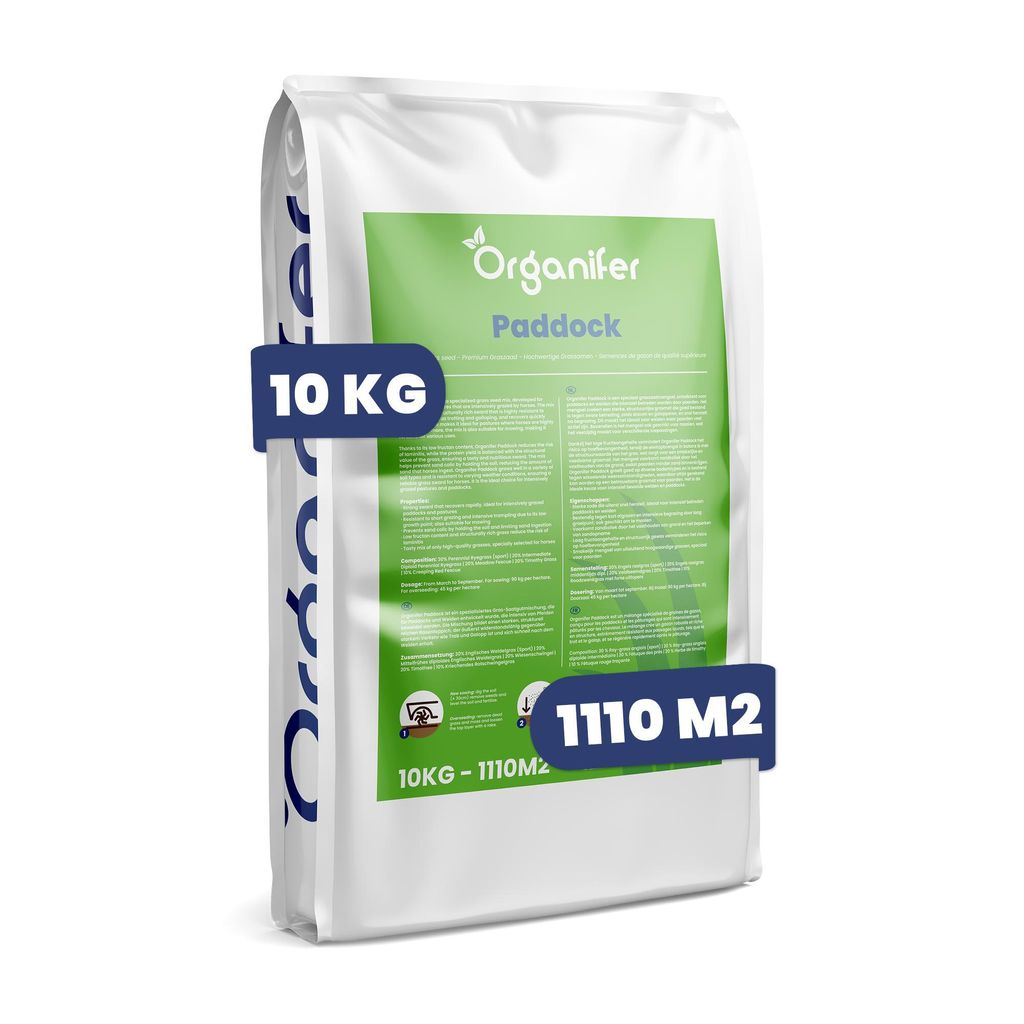 Weidegras Paddock Pferde - 10 kg (1110 M²) – Paddock Saatgut Für Pferdeweide & Koppeln, Strapazierfähiges Weidelgras, Dichter Rasen – Organifer