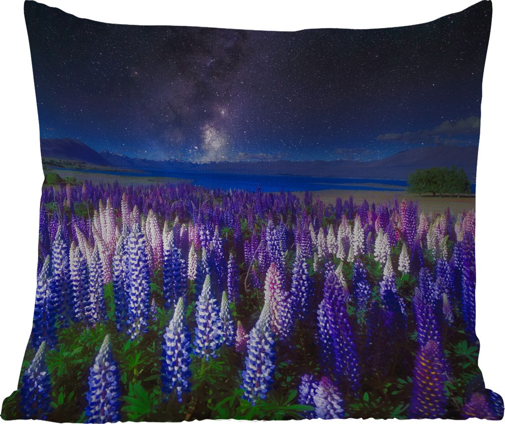MuchoWow Outdoor Kissen - Blumen - Nacht - Lupine - Sternenhimmel - Lila - Natur - 40x40 cm - Wetterfest - Lounge Kissen - Kopfkissen - Interieur...
