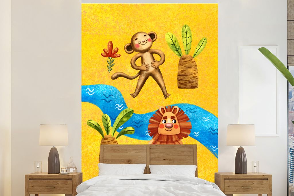 MuchoWow Fototapete für Wohnzimmer oder Schlafzimmer Wandtapete Vinyl Motivtapete Affe - Löwe - Palme - Wasser - 170x260 cm - Wohnzimmertapete