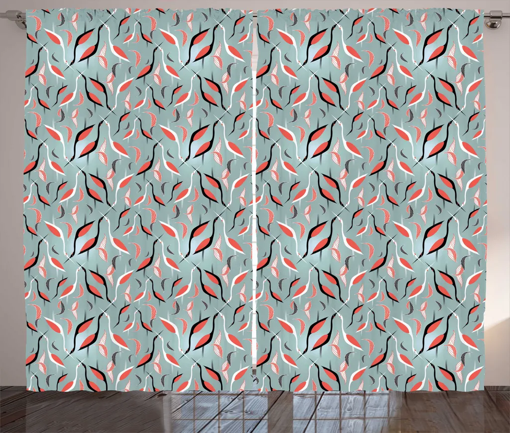 Rideau Fronces 280x225 Motif Hérons pour Chambre Douce, Sarcelle/Corail