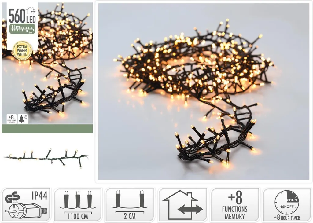 Microcluster Catena Luminosa 560 LED Bianco Extra Caldo Timer 11m