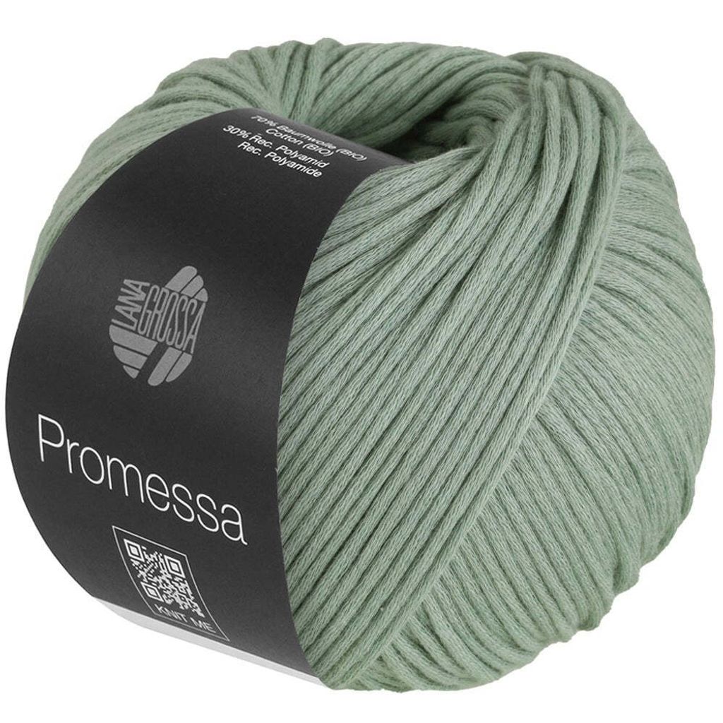 A ball of mint green yarn with a black label.