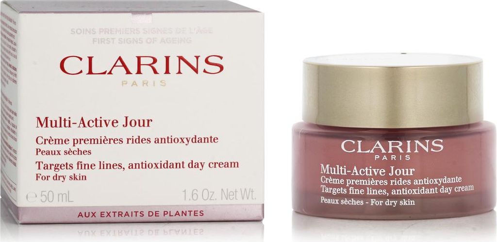 A product shot of a Clarins Multi-Active Jour antioxidant day cream jar and its packaging.