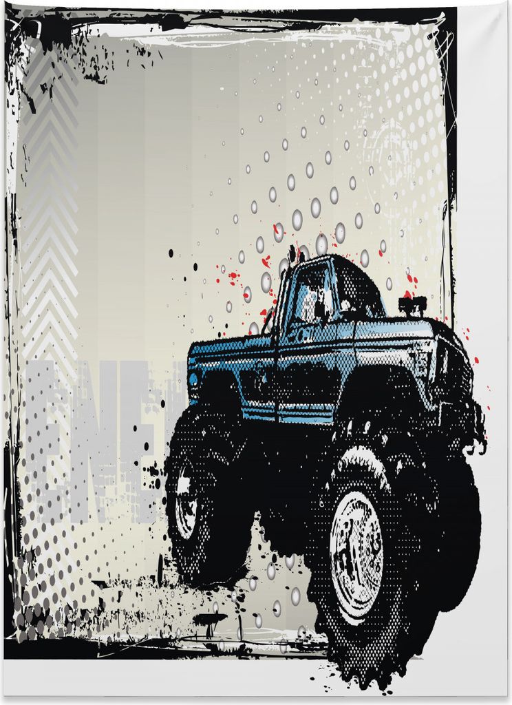 Abakuhaus LKW Wandteppich, Halbton Monster Pickup aus Weiches Mikrofaser Stoff Kein Verblassen Klare Farben Waschbar, 110 x 150 cm, Schwarz Elfenbe...