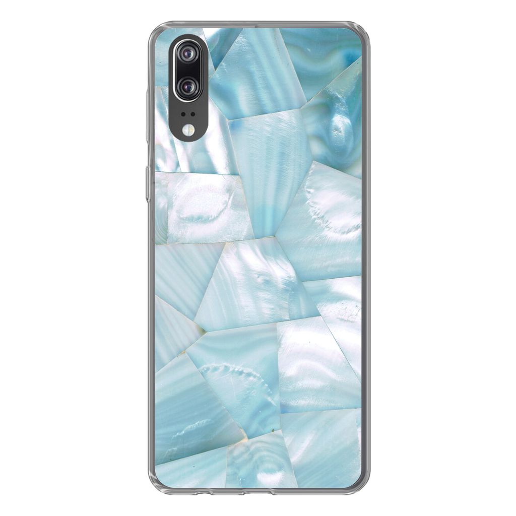 MuchoWow Handyhülle Schutzhülle Hülle für Huawei P20 Naturstein - Blau - Perlmutt Silikon Softcase Handy Hülle - Hardcover