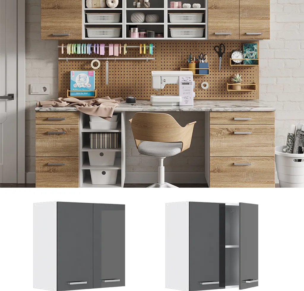 Vicco Pensile universale R-Line, 60 x 60 cm con porte, Antracite lucido/Bianco - 2