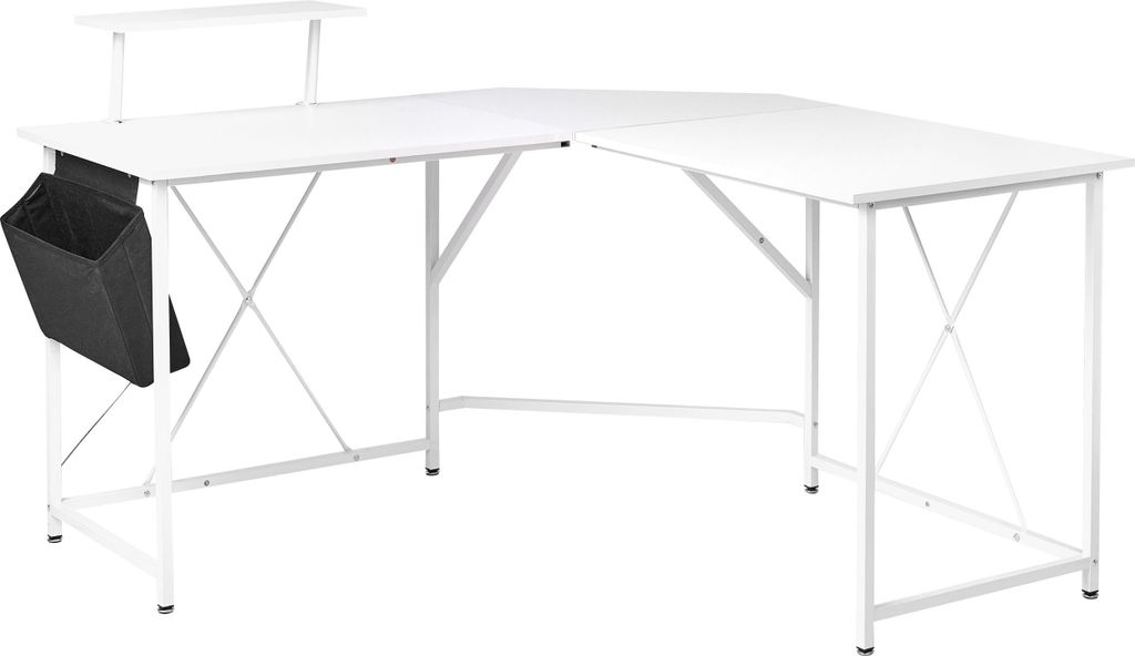 BELIANI Schreibtisch Weiß MDF-Platte mit Metallgestell Monitorablage Stofftasche L-form 180x140 cm Modern Homeoffice Tisch Bürotisch Arbeitstisch