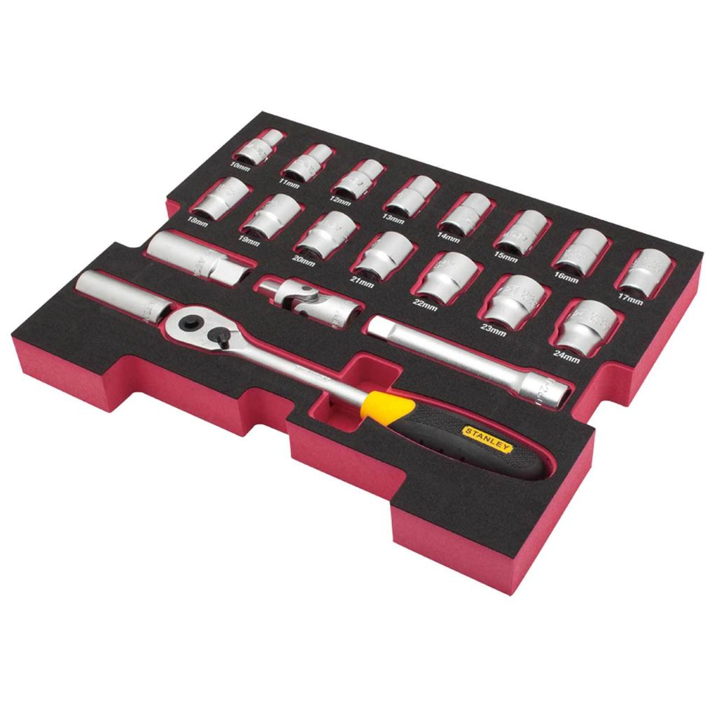 STANLEY FatMax TSTAK Einlage FMHT0-74297 1/2" Zoll - Set 20-teilig mit Steckschlüssel kurz und lang, Ratsche und Verlängerung