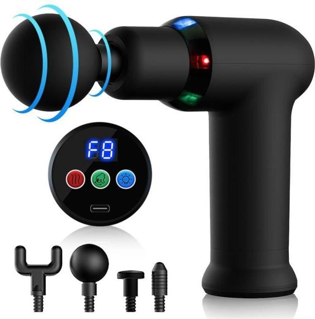 Muskelmassagepistole mit LCD-Bildschirm und 4 Massageköpfen – Schwarz