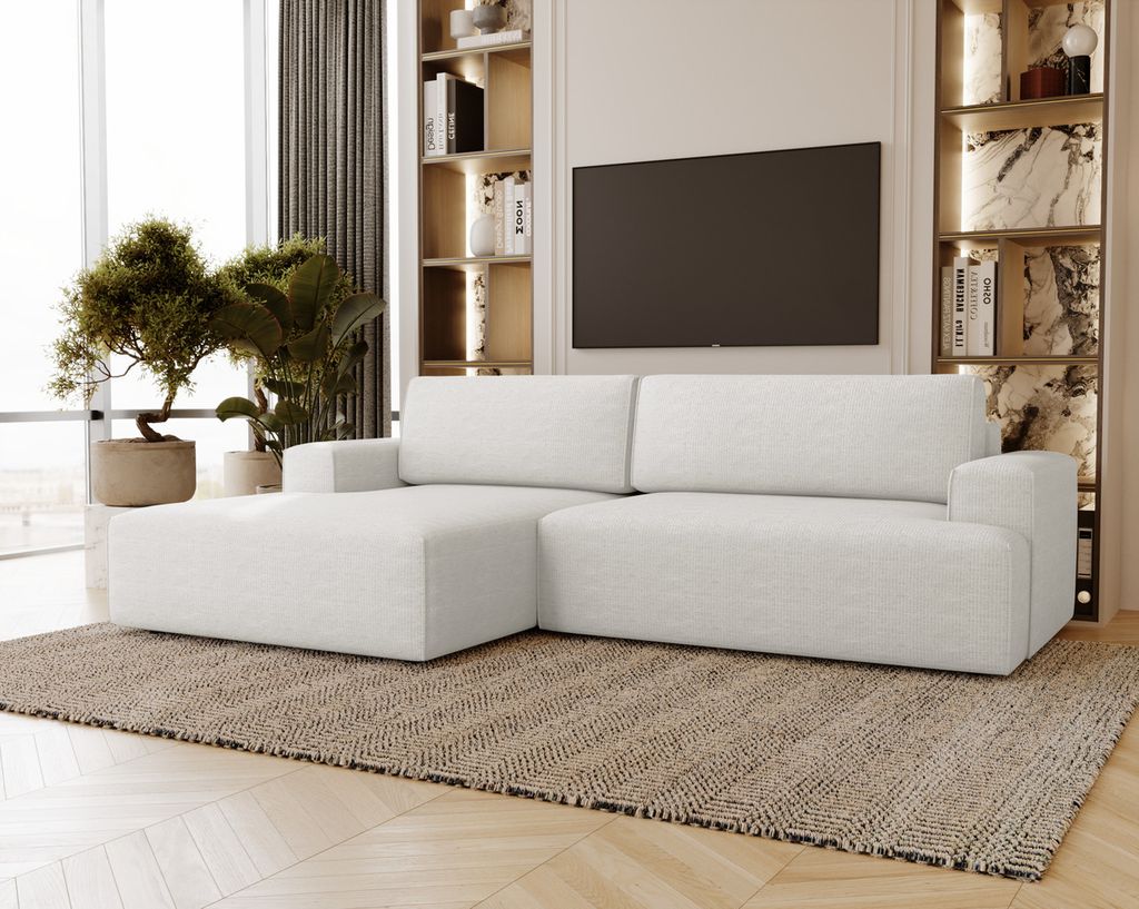 Ecksofa mit Schlaffunktion Boston - Eckcouch, Bettkasten, Kleines Sofa, Links, Creme (Memphis 1)