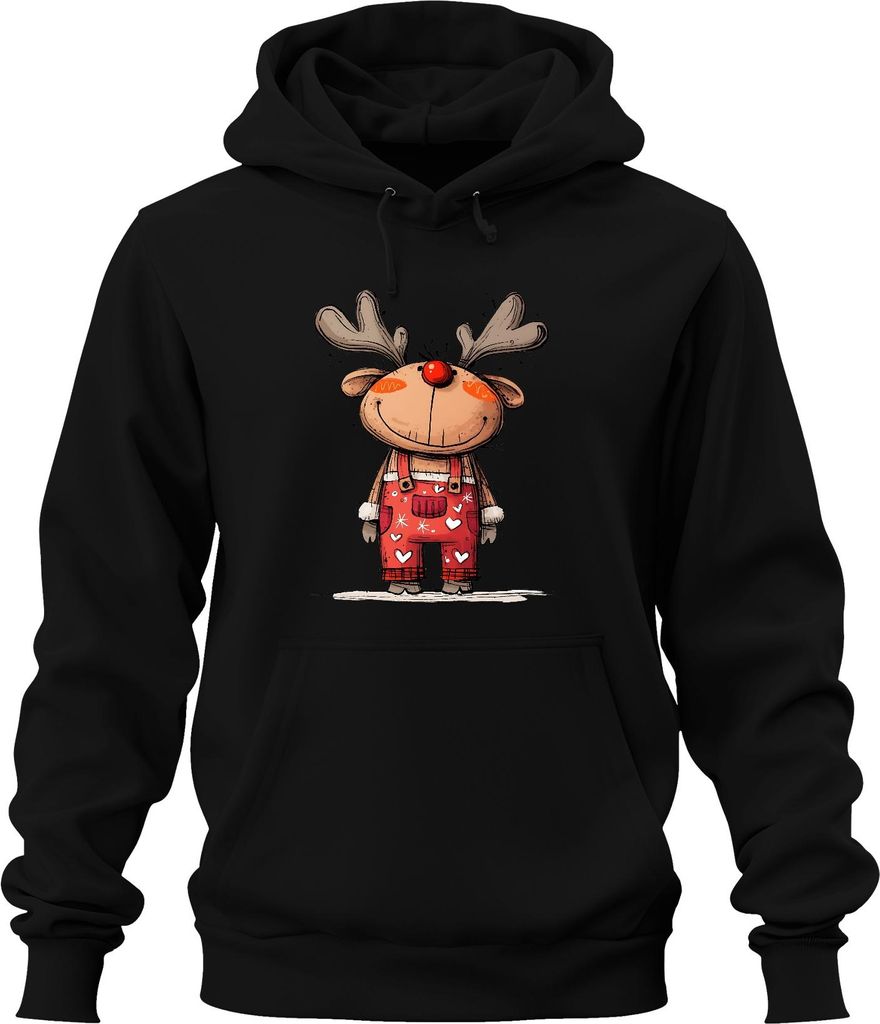 Rudolf Rentier rote Nase Weihnachten niedlich Geschenk Cartoon Uni Hoodie Kapuzenpullover, Schwarz, XXL