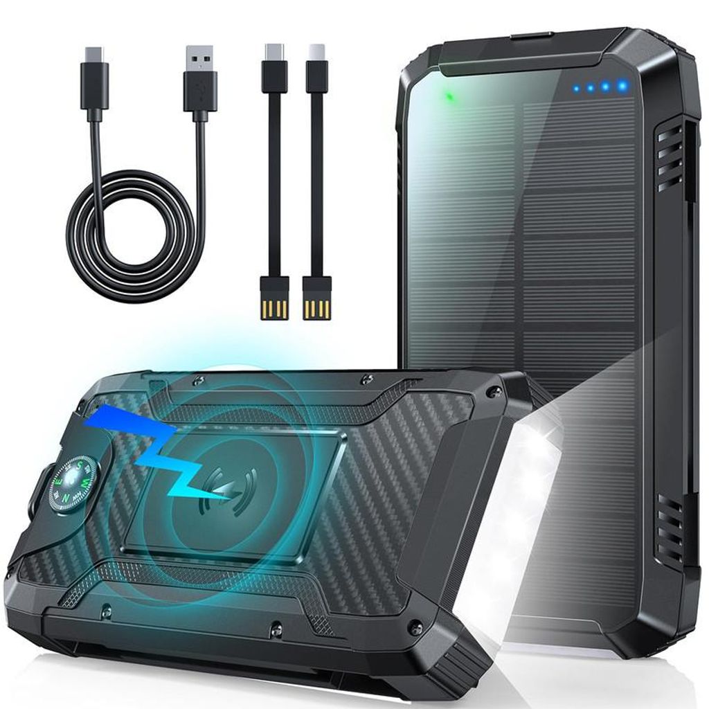 20000mAh Solar Powerbank mit 30W PD & Wireless, Powerbanks– 2 integrierte Kabel, Kompass, Taschenlampe – Für Camping, Outdoor & Reisen