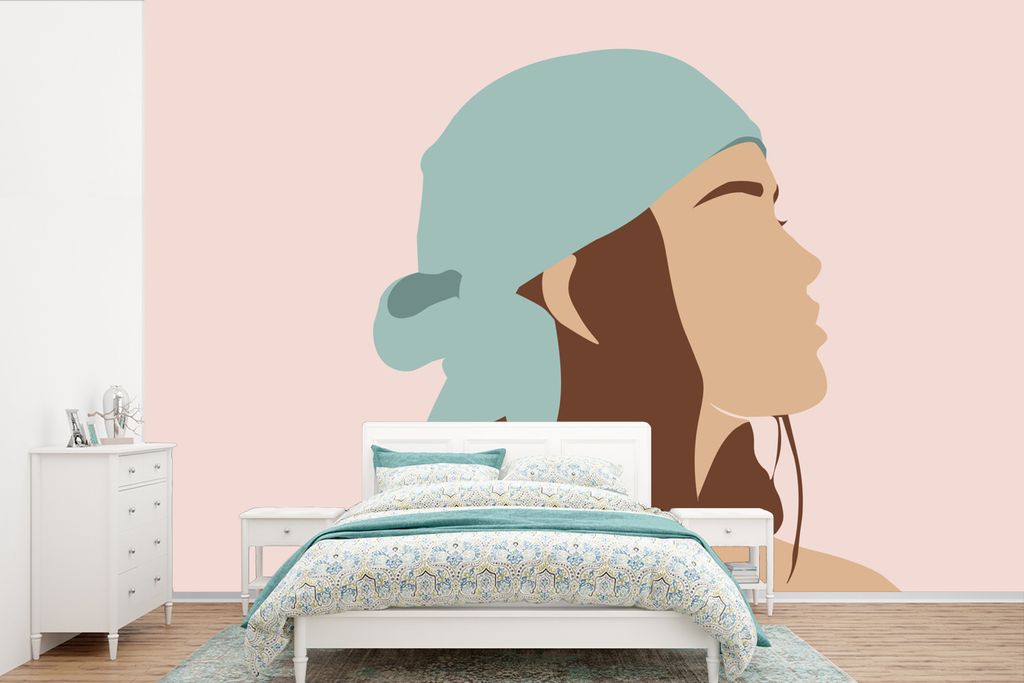 MuchoWow Fototapete für Wohnzimmer oder Schlafzimmer Wandtapete Vinyl Motivtapete Sommer - Frau - Kopftuch - Abstrakt - 420x280 cm - Zimmer für...