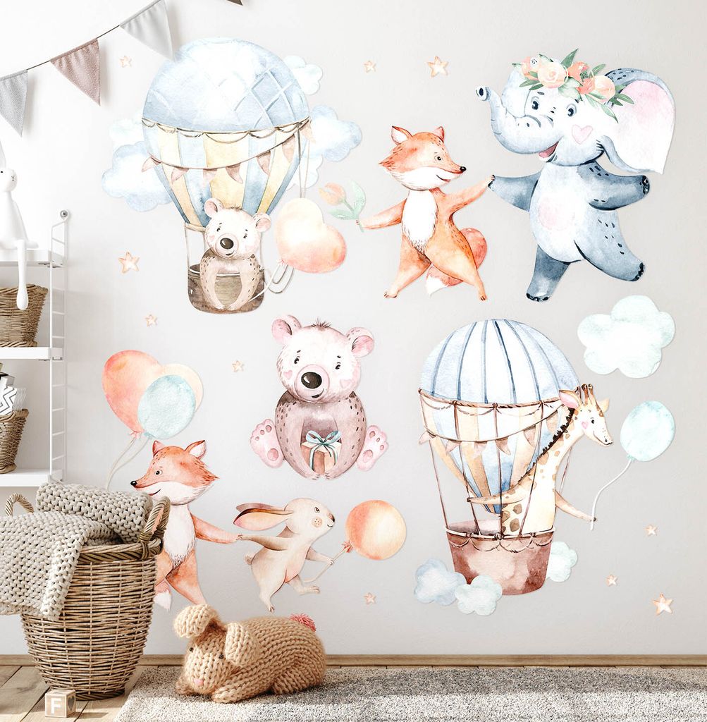 Pastellfarbene Tiere – Wandgestaltung – Wandbilder Kinder – Motivtapeten Set – Wanddekor Kinderzimmer – Selbstklebende Wandsticker – 10...