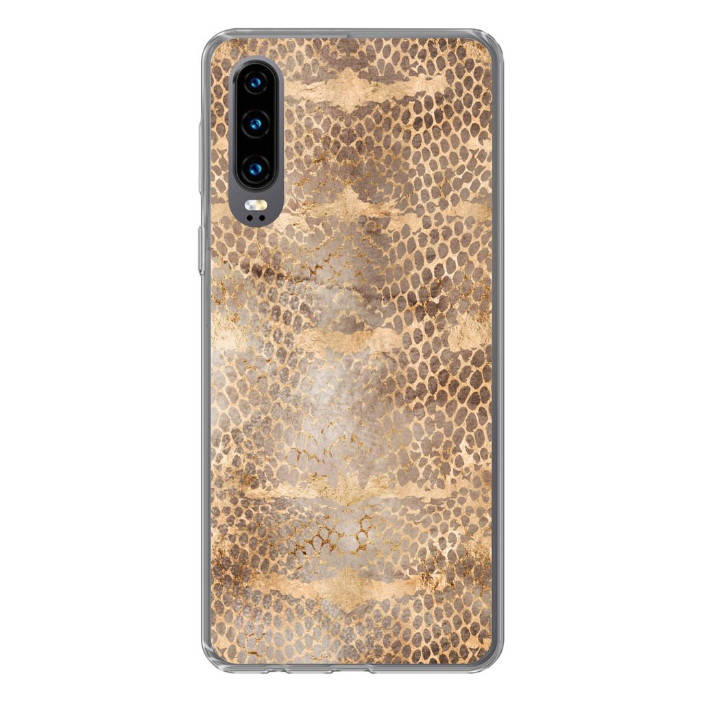 MuchoWow Handyhülle Schutzhülle Hülle für Huawei P30 Schlangendruck - Gold - Braun Silikon Softcase Handy Hülle - Kartenbesitzer