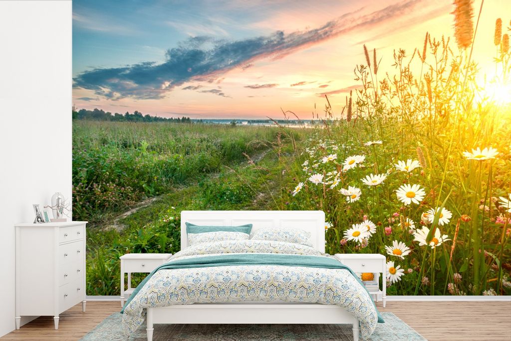MuchoWow Fototapete für Wohnzimmer oder Schlafzimmer Wandtapete Vinyl Motivtapete Blumen - Gänseblümchen - Natur - Sonne - Horizont - 600x400 ...
