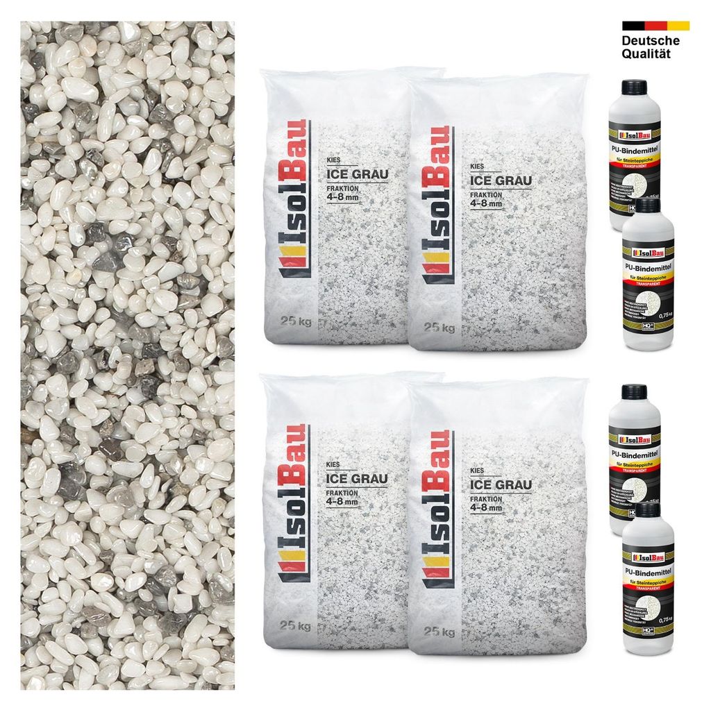 Steinteppich SET Marmorkies 100kg + 4 x PU-Bindemittel für 10m² 4/8mm Ice Grau