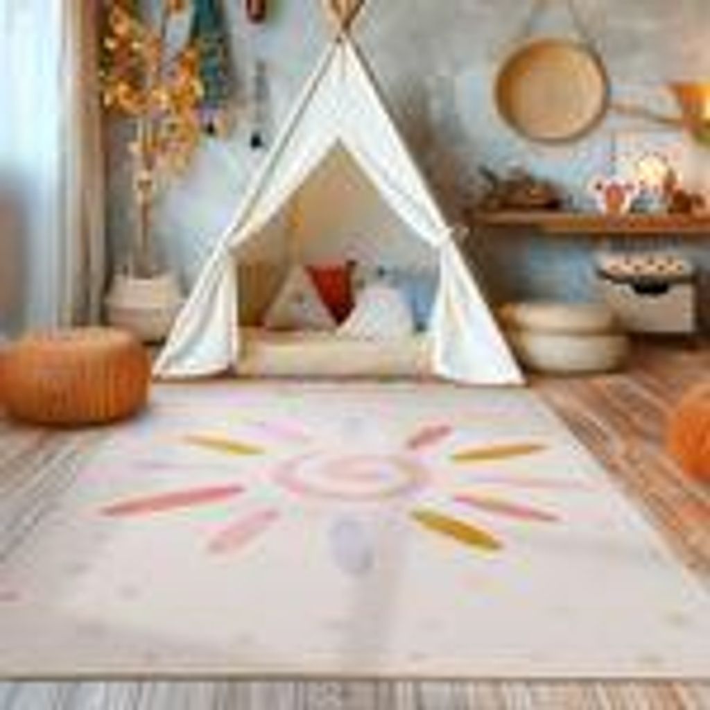 Kinderzimmer Teppich Spielmotiven Design Kinderteppich Babyzimmer Teppiche Spielteppich für Jungen und Mädchen Teppich, Creme-1 Größe: 80 x 120 cm