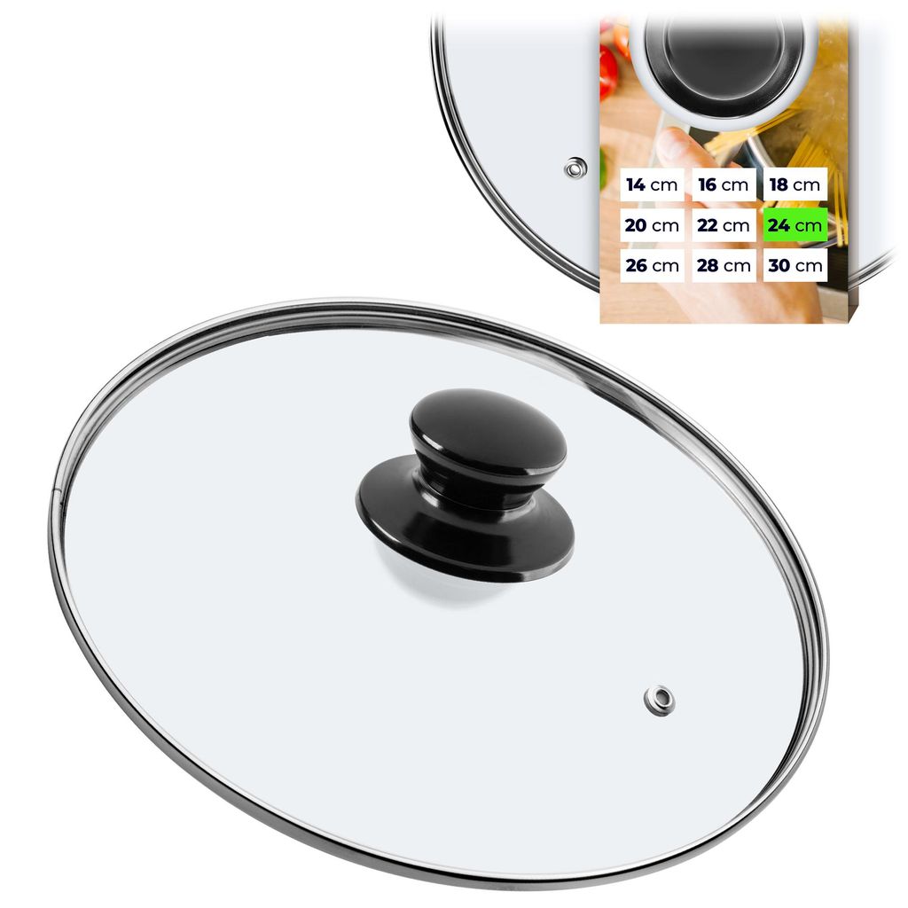A glass pot lid with a black handle, shown from a diagonal top-down view. A small inset image shows a size chart with various diameter measurements.