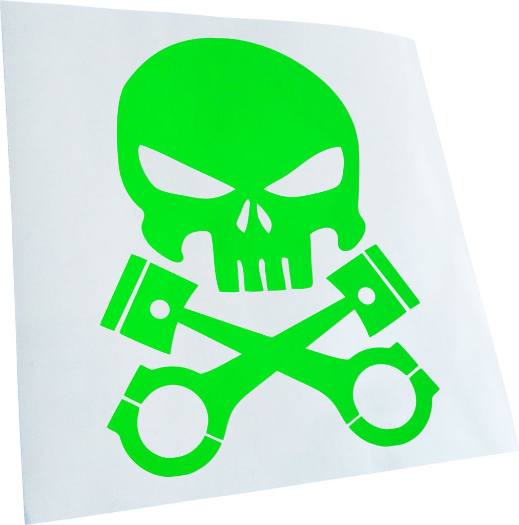 Kiwistar - Autoaufkleber - neongrün - 40 x 31 cm - Kolben Skull Schädel - Heckscheibenaufkleber - Aufkleber für Auto Kfz Fahrrad, LKW, Truck Mofa