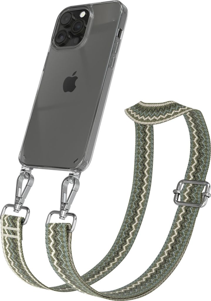Apple iPhone 14 Pro Max Chain Eyelets Slim Neck Strap Set Wave Style 07 Green/Beige 04 Metall Silver