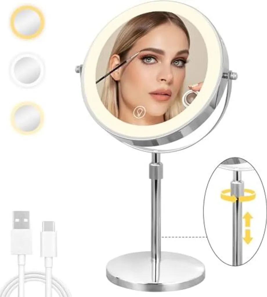 Specchio cosmetico luminoso da 8 pollici Cuteefun, ingrandimento 1x/10x sul supporto, altezza e luminosità regolabili, rotazione a 360°, ricaricabile a doppia faccia