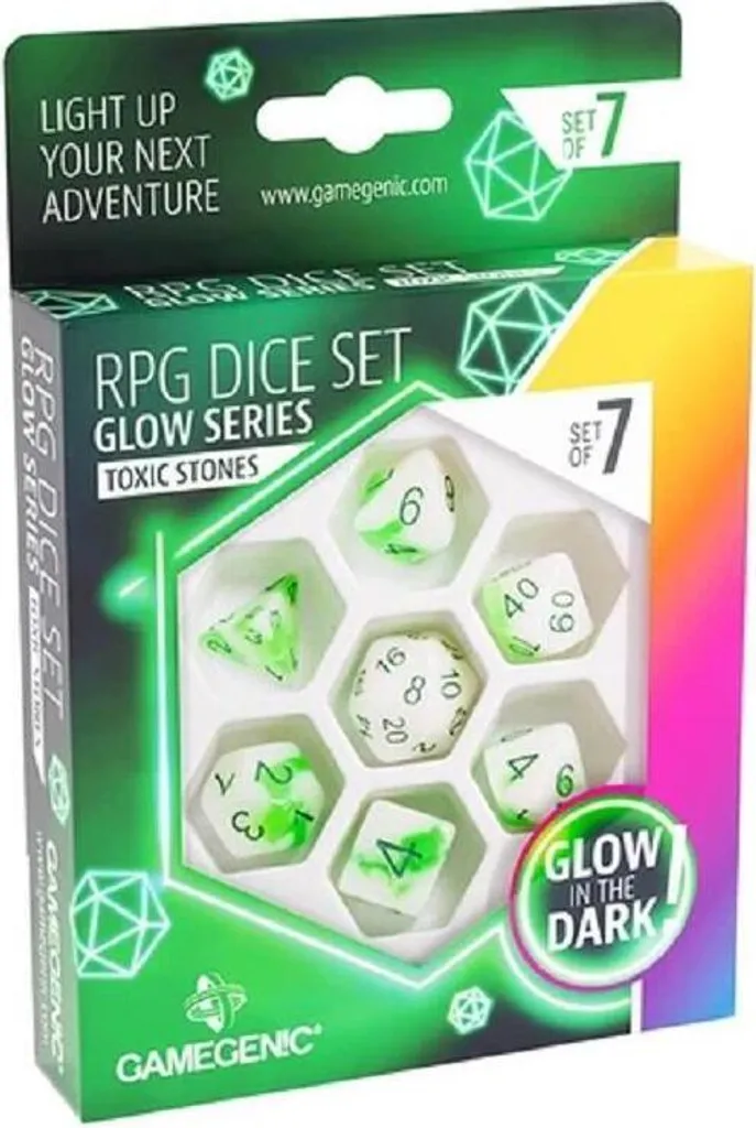 Set de 7 dés polyédriques pour JDR - Modèle Toxic Stones phosphorescent