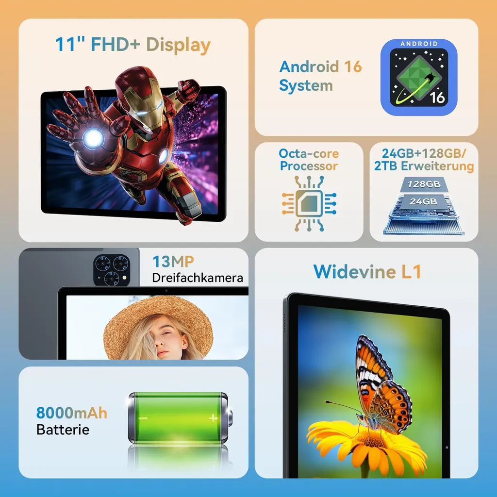 Zenva T90 Tablette 11 Pouces Android 16 - 24Go RAM 128Go ROM Widevine L1 - 2